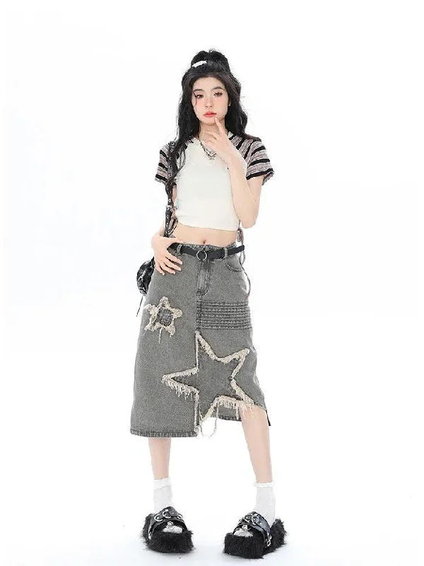---Y2K Star Patchwork Midi Skirt
