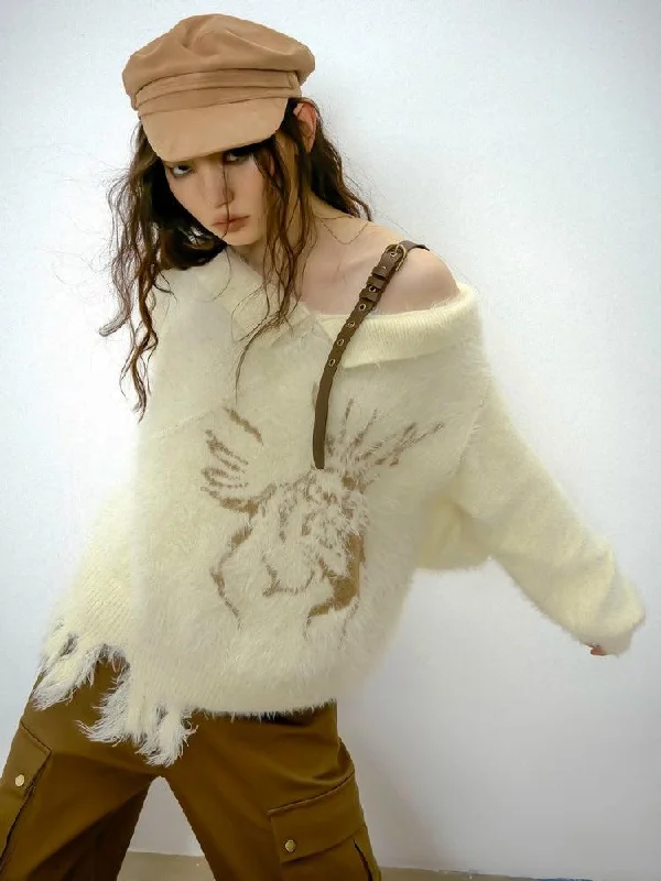 ---Off Shoulder Distressed Knit Sweater