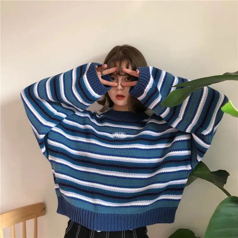 - Pet stroller can be taken on the planeWide Sleeved Striped Knitted Sweater