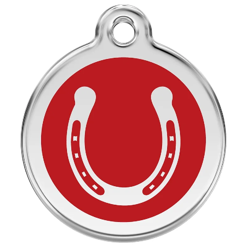 ---Stainless Steel And Enamel Horseshoe Red Dog ID Tag