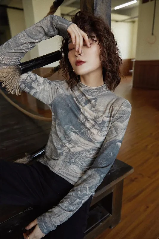 ---Baroque High Neck Fitted Top