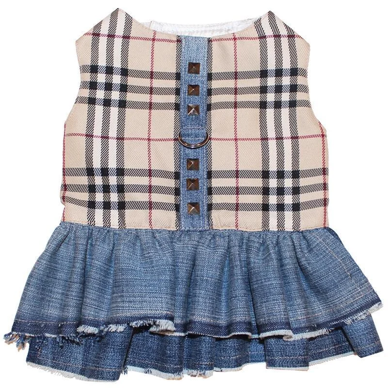 - Remote interactive pet feederBritish Tartan Plaid Denim Dog Harness Dress
