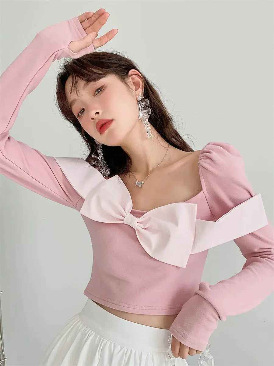 - Cat hair ball removal and hair removal creamPuff Shoulder Bow Crop Top