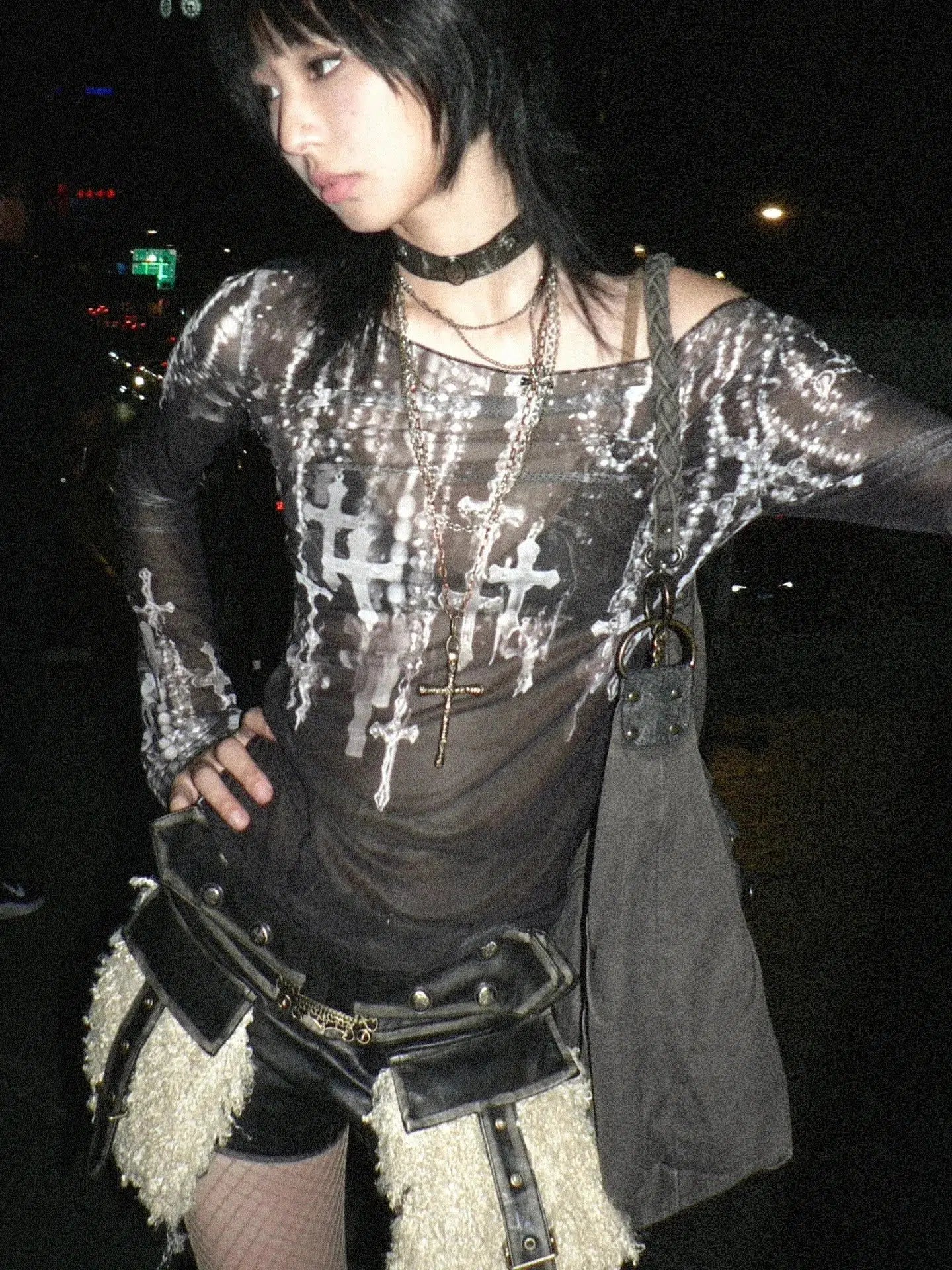 ---Grunge Cross Wide Neck Mesh Top