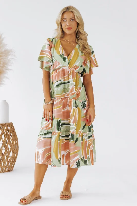 Sage Mix Print Short Sleeve Midi Dress - FINAL SALE