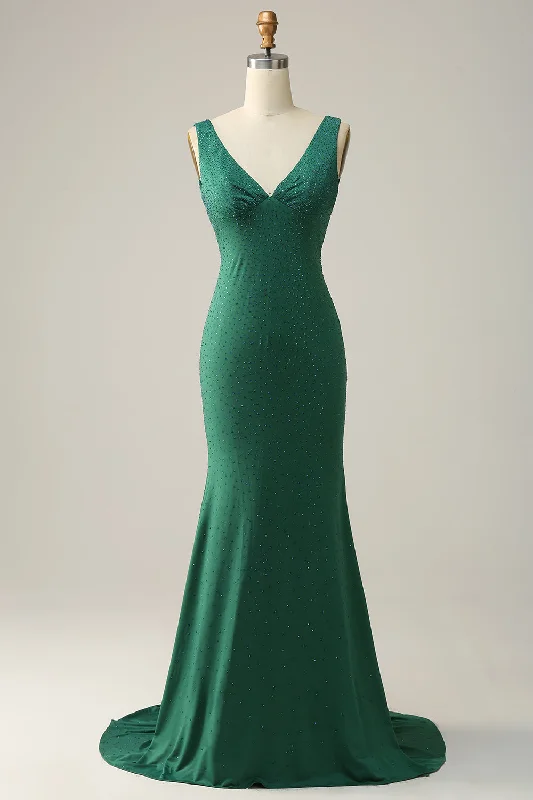 Mermaid V Neck Green Long Prom Dress with Beading