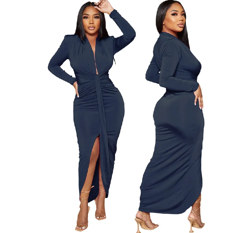 Women Long Sleeve Deep V-neck Draped High Waist High Split Asymmetrical Bodycon Midi Maxi Dress