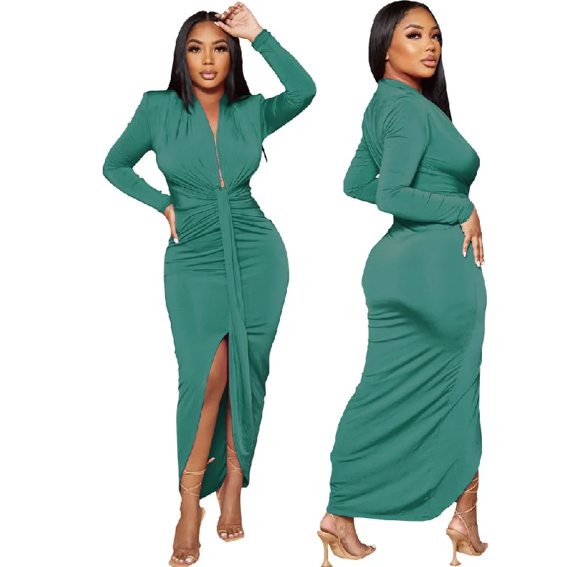 Women Long Sleeve Deep V-neck Draped High Waist High Split Asymmetrical Bodycon Midi Maxi Dress