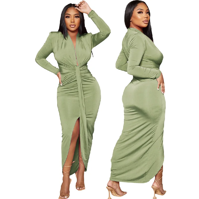 Women Long Sleeve Deep V-neck Draped High Waist High Split Asymmetrical Bodycon Midi Maxi Dress