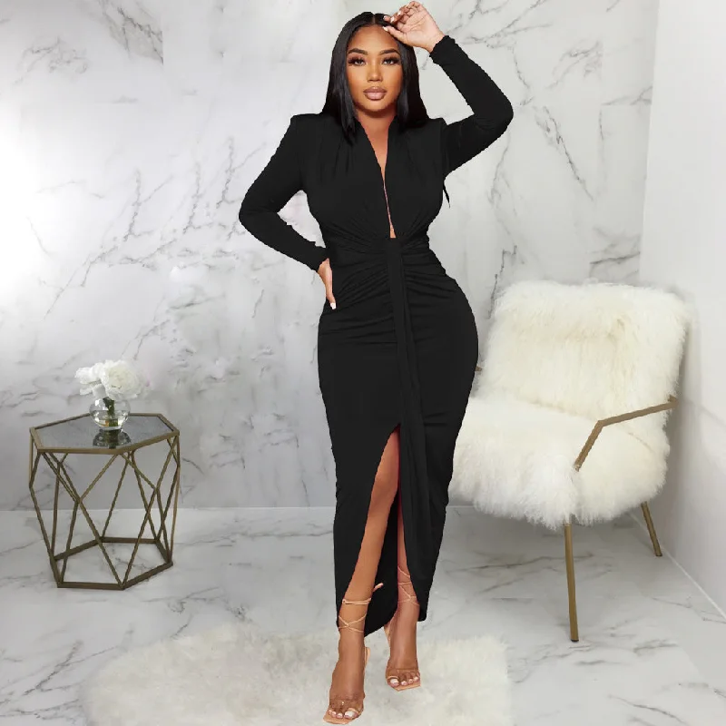 Women Long Sleeve Deep V-neck Draped High Waist High Split Asymmetrical Bodycon Midi Maxi Dress