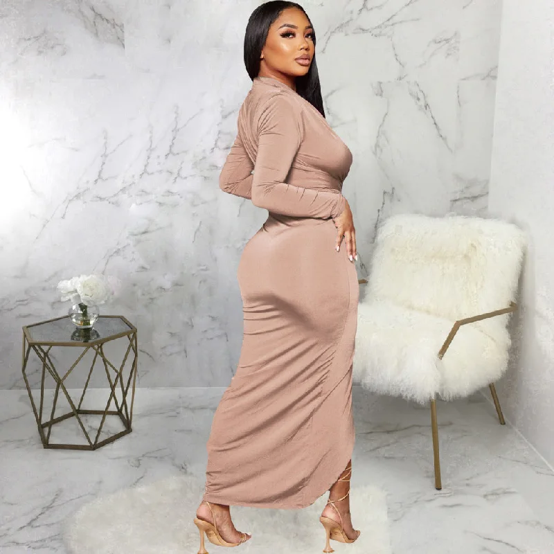 Women Long Sleeve Deep V-neck Draped High Waist High Split Asymmetrical Bodycon Midi Maxi Dress