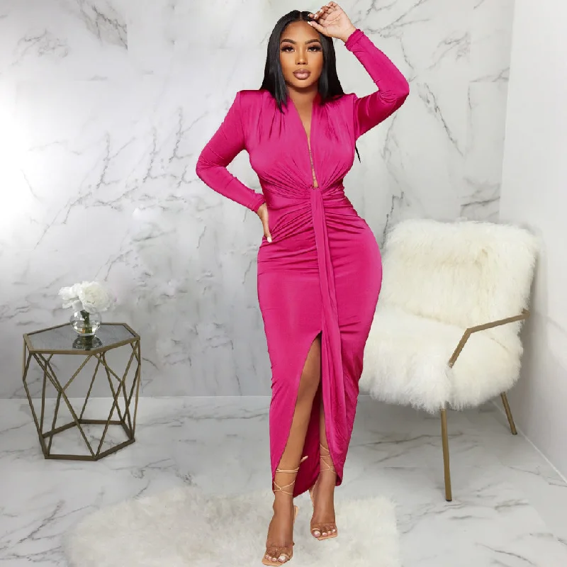 Women Long Sleeve Deep V-neck Draped High Waist High Split Asymmetrical Bodycon Midi Maxi Dress