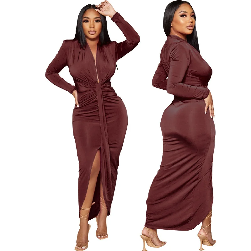 Women Long Sleeve Deep V-neck Draped High Waist High Split Asymmetrical Bodycon Midi Maxi Dress