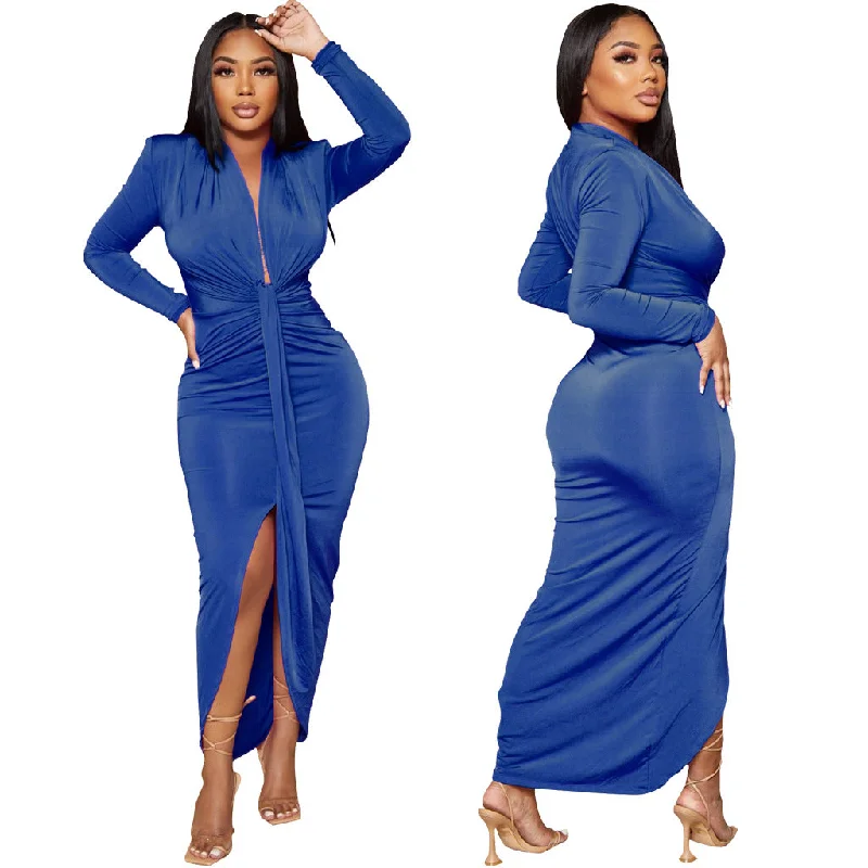 Women Long Sleeve Deep V-neck Draped High Waist High Split Asymmetrical Bodycon Midi Maxi Dress