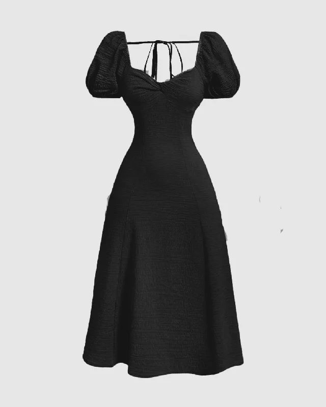 Summer Elegant Solid Color Puff Sleeve Cinch Waist Dress In Black