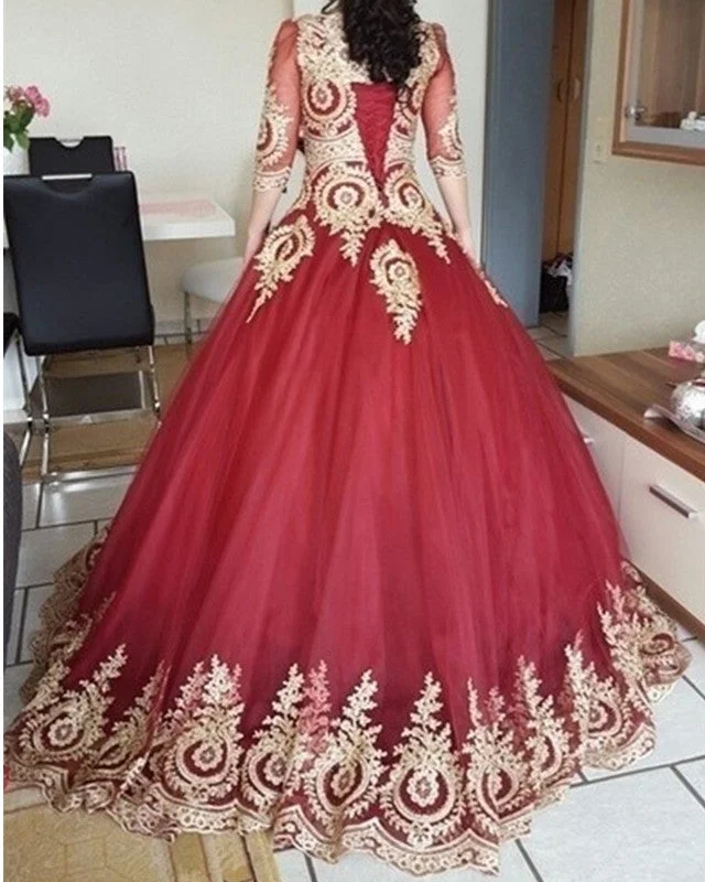 Modest 3/4 Sleeves Burgundy Ball Gowns Wedding Dresses Gold Lace Appliques