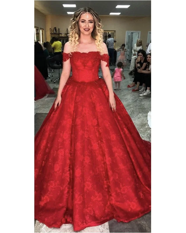 Red Off Shoulder Ball Gowns Lace Wedding Dresses